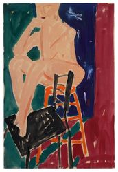 Nude on Orange Stool, Background of Green, Blue and Burgundy