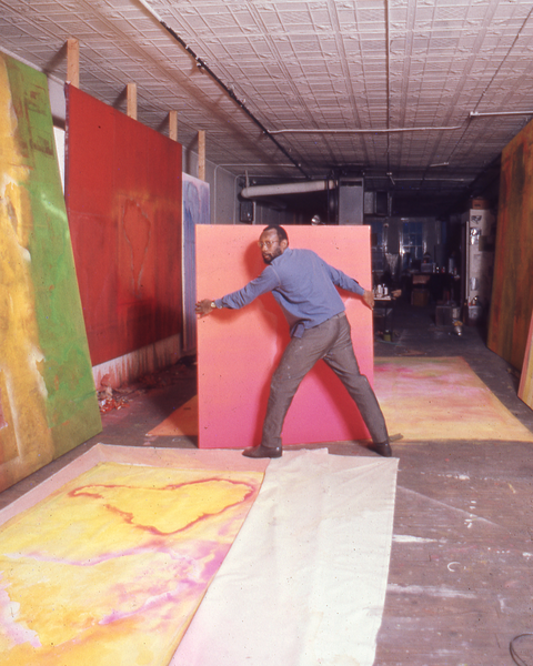 Frank Bowling in his SoHo studio at 535 Broadway, New York, ca. 1971. Courtesy Frank Bowling Archive