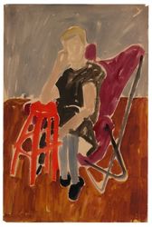 Seated Figure on Magenta Butterfly Chair Leaning on Orange Stool